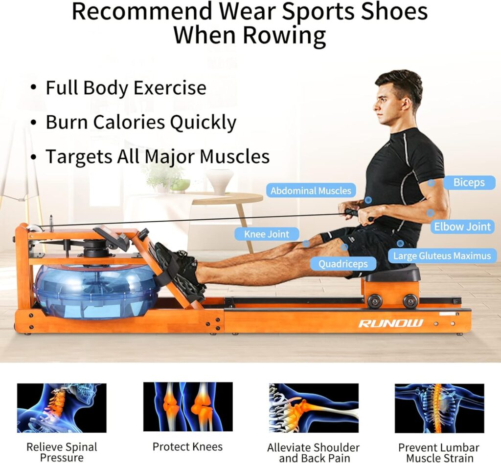 RUNOW Water Rowing Machine, Wood Water Rower with LCD Monitor Water Resistance Wooden Rower Machine for Home Use 300 350 LBS Capacity