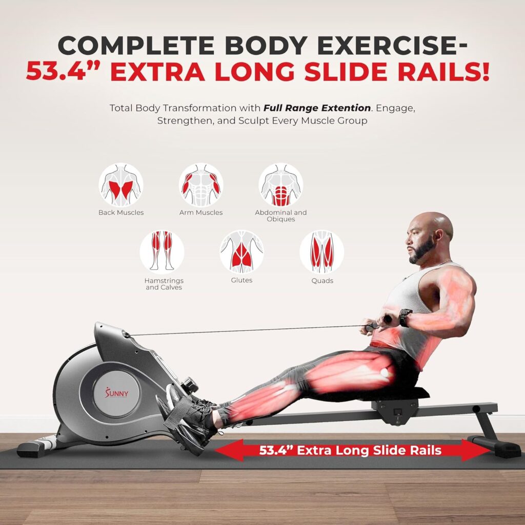 Bundle of Sunny Health  Fitness Smart Magnetic Rowing Machine with Extended Slide Rail + Sunny Health  Fitness Squat Assist Row-N-Ride™ Trainer for Glutes Workout