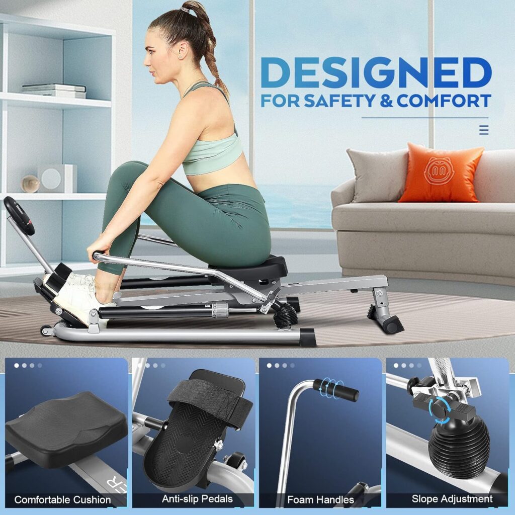 ANCHEER Rowing Machines for Home Use, Hydraulic Rowing Machine Foldable with 12 Resistance Levels  Upgraded LCD Monitor, Rower with Comfortable Seat Cushion for Full Body Exercise Cardio, Grey