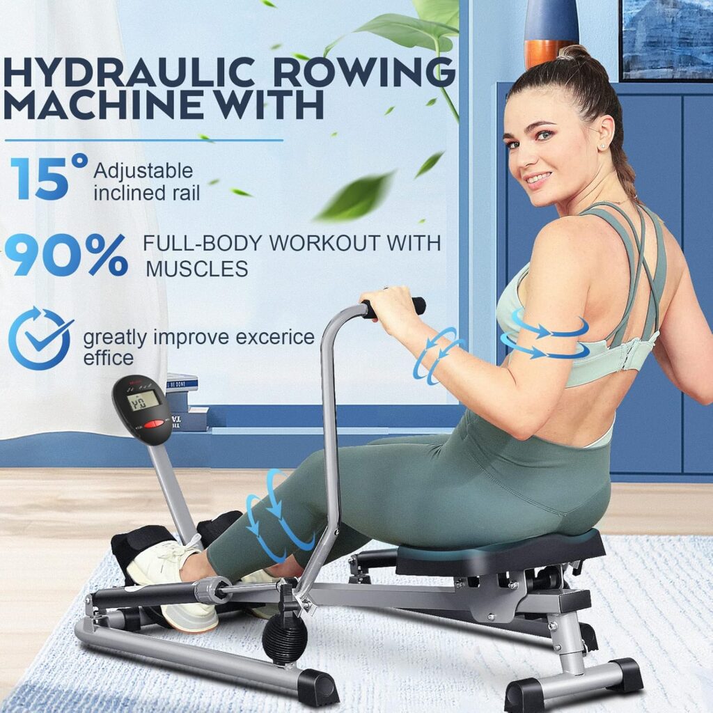ANCHEER Rowing Machines for Home Use, Hydraulic Rowing Machine Foldable with 12 Resistance Levels  Upgraded LCD Monitor, Rower with Comfortable Seat Cushion for Full Body Exercise Cardio, Grey
