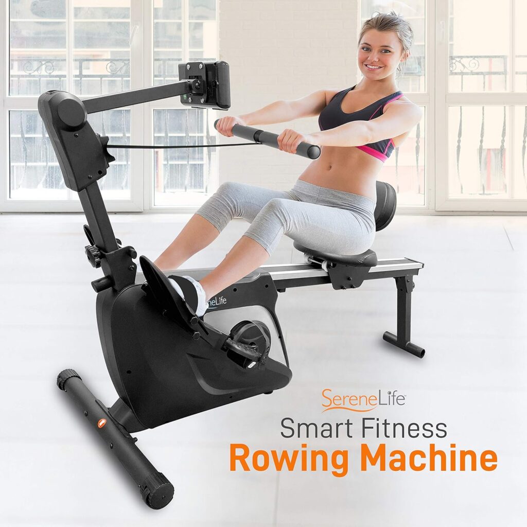 SereneLife 2-in-1 Rowing Machine  Bike - 8 Magnetic Resistance Levels, 264lbs Capacity - Foldable  Portable Cardio Fitness Trainer with LCD Monitor - Promotes Weight Loss, Strength, Stamina Building