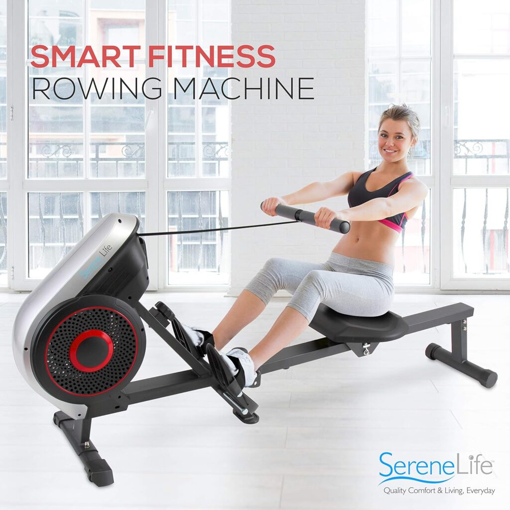 SereneLife Digital Folding Rowing Machines Magnetic - 8 Level Magnetic Resistance Rowing Machine Exercise - Foldable Travel Portable Rower Fitness Trainer Rowing Machine with LCD Monitor