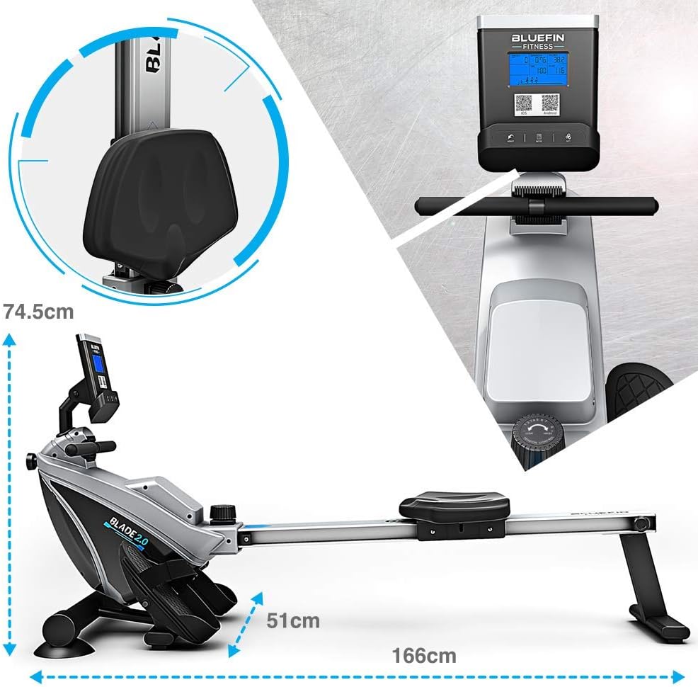 Bluefin Fitness Rower Machine Blade Home Gym Foldable | Magnetic Resistance Rower | 8 x Tension Levels | Smooth Belt Drive | LCD Digital Fitness Console | Smartphone App | Black  Grey Silver