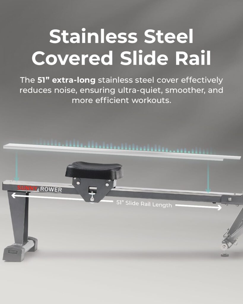 Sunny Health  Fitness Compact Full-Motion Rowing Machine w/Adjustable Resistance, Low-Impact Full-Body Workout Rower w/Long Slide Rail, Space-Saving Design, Optional Free SunnyFit App Connection