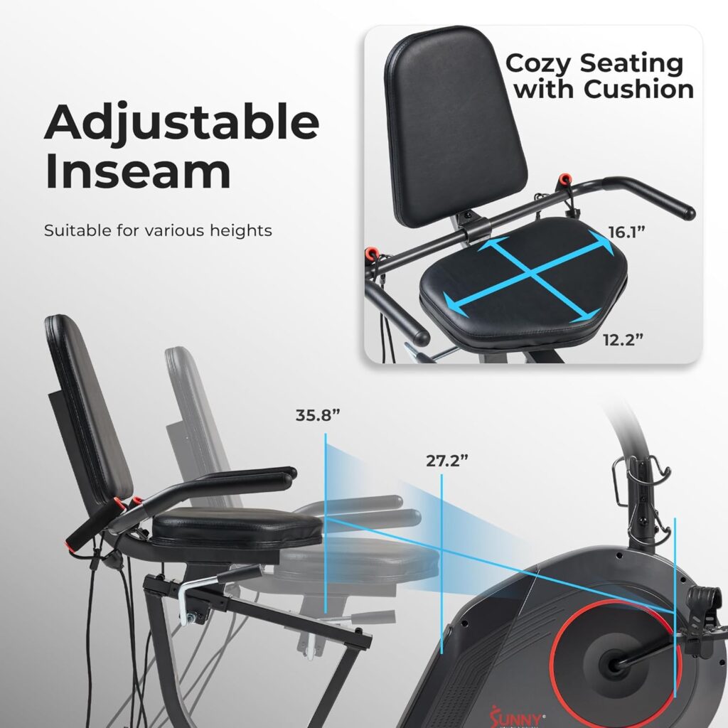 Sunny Health  Fitness Smart Heavy-Duty Recumbent Bike w/Wide Cushioned Seat  Back, Indoor Cycling Machine for Adult/Seniors Home Exercise, Free SunnyFit App Connect, Optional Workout Training Bands