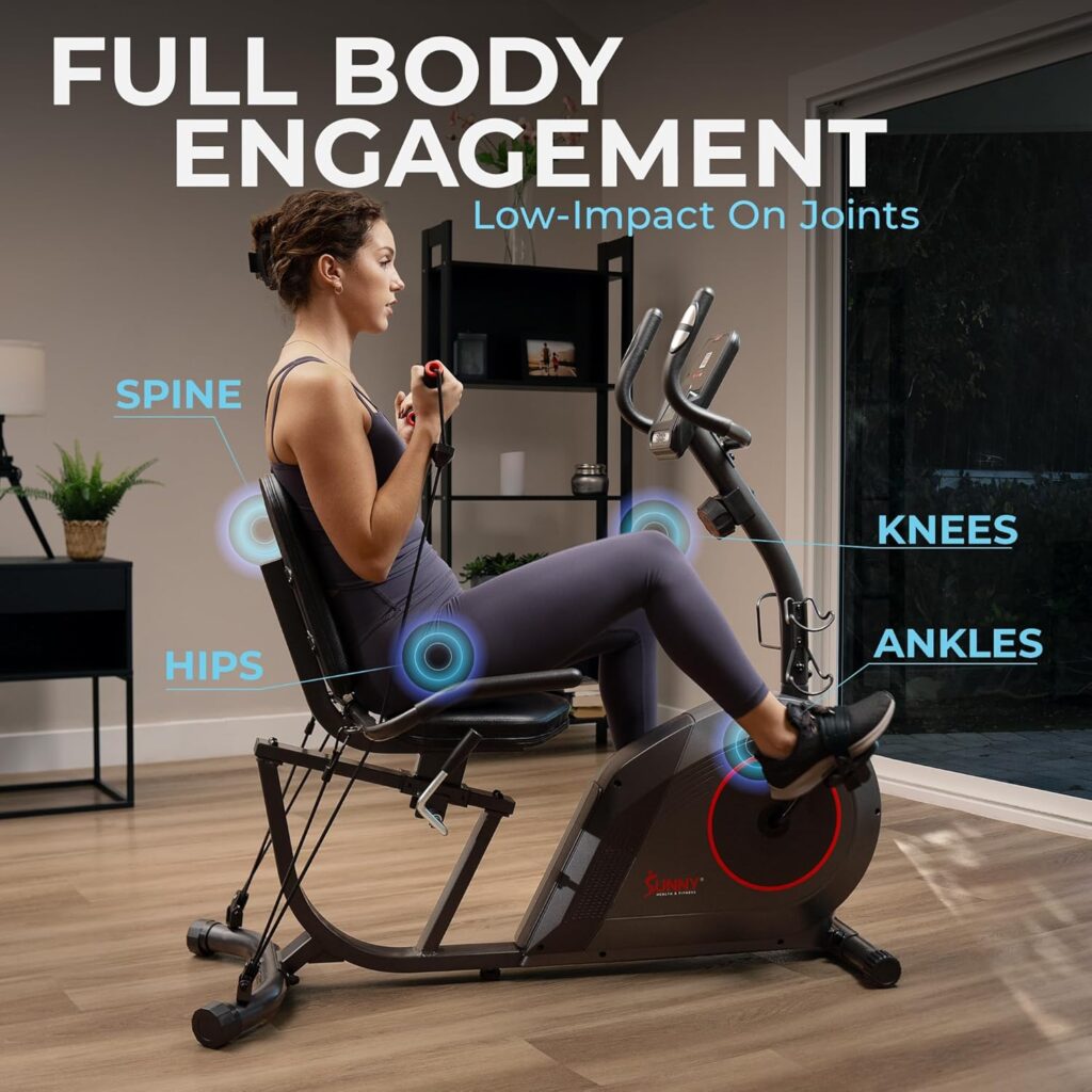 Sunny Health  Fitness Smart Heavy-Duty Recumbent Bike w/Wide Cushioned Seat  Back, Indoor Cycling Machine for Adult/Seniors Home Exercise, Free SunnyFit App Connect, Optional Workout Training Bands