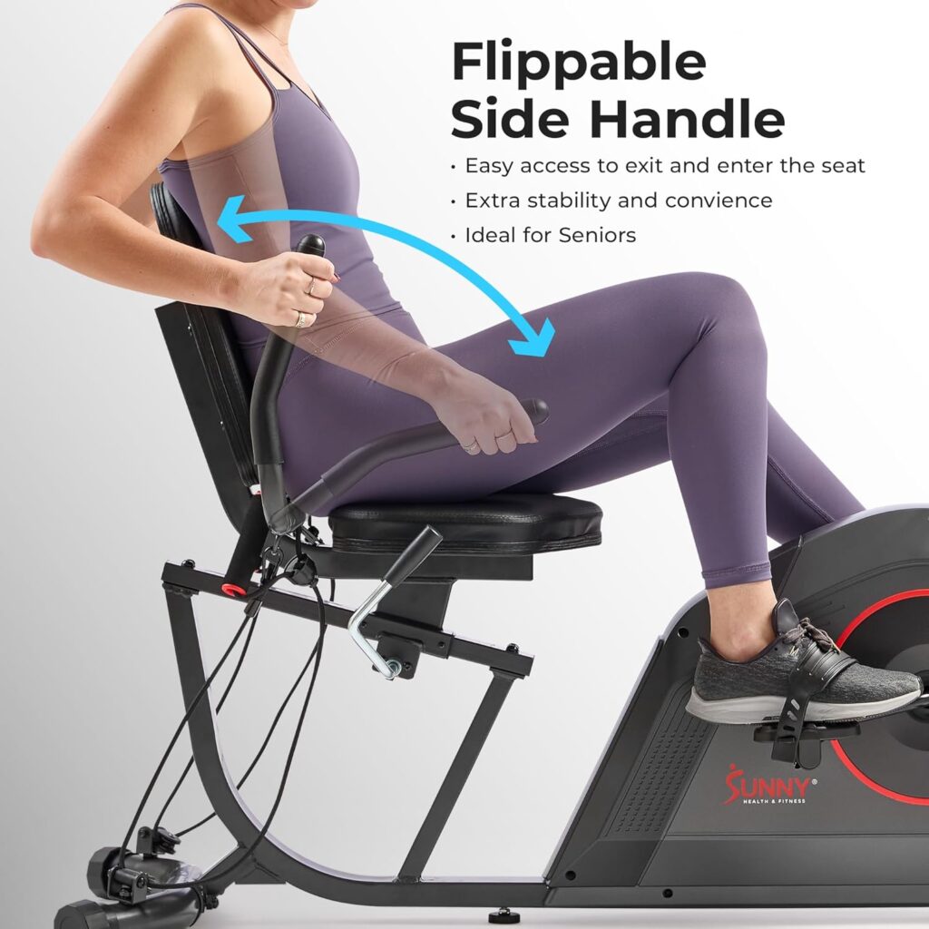 Sunny Health  Fitness Smart Heavy-Duty Recumbent Bike w/Wide Cushioned Seat  Back, Indoor Cycling Machine for Adult/Seniors Home Exercise, Free SunnyFit App Connect, Optional Workout Training Bands