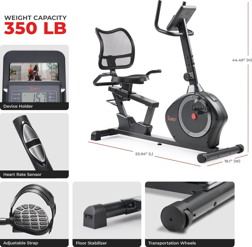 Sunny Health  Fitness Smart Heavy-Duty Recumbent Bike w/Wide Cushioned Seat  Back, Indoor Cycling Machine for Adult/Seniors Home Exercise, Free SunnyFit App Connect, Optional Workout Training Bands