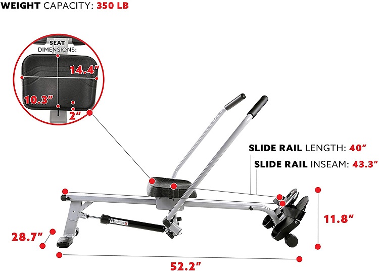 Sunny Health & Fitness SF-RW5639 Full Motion Rowing Machine Rower 350 lb Weight Capacity dimensions