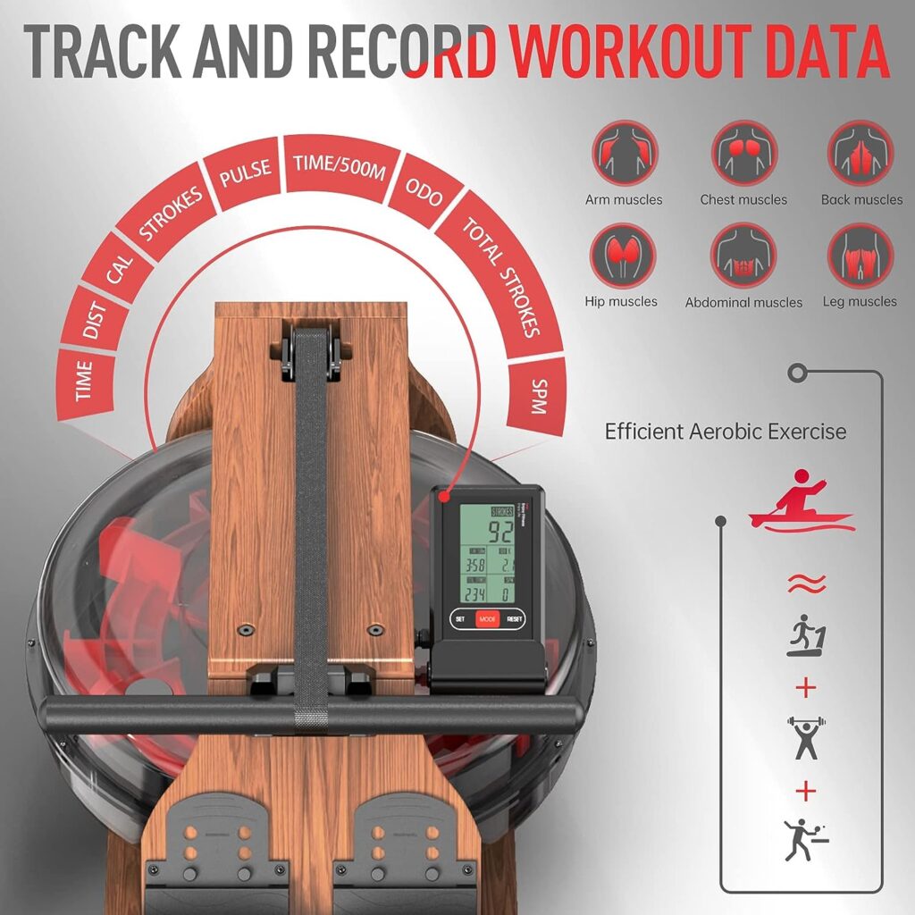 JOROTO Water Rowing Machine for Home Use, Oak Wood Foldable Rower Machine 330lbs Weight Capacity with Bluetooth Monitor, Phone Holder, Heart Rate Belt