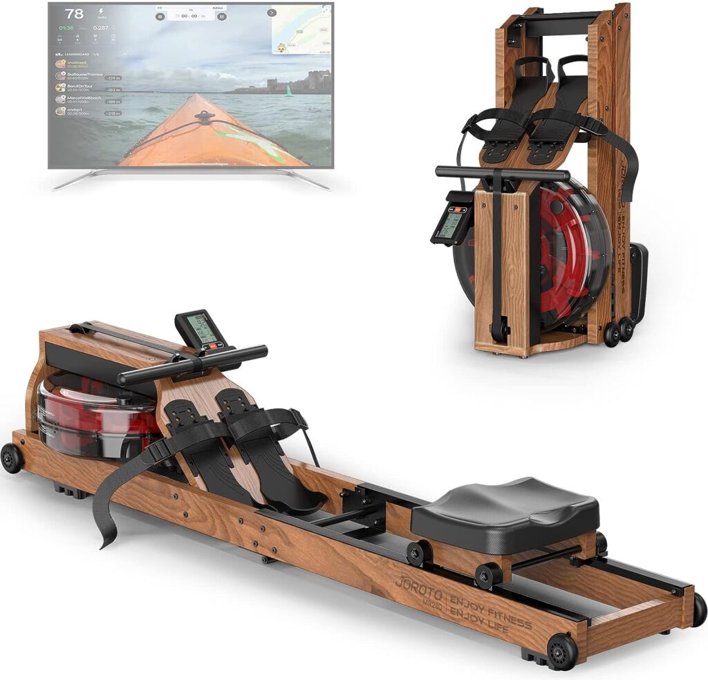 JOROTO Water Rowing Machine for Home Use, Oak Wood Foldable Rower Machine 330lbs Weight Capacity with Bluetooth Monitor, Phone Holder, Heart Rate Belt