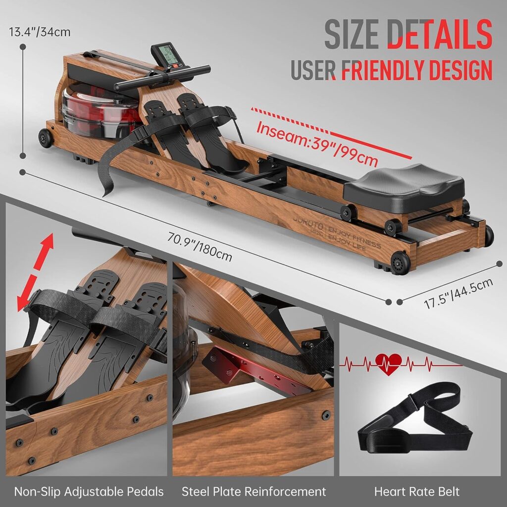 JOROTO Water Rowing Machine for Home Use, Oak Wood Foldable Rower Machine 330lbs Weight Capacity with Bluetooth Monitor, Phone Holder, Heart Rate Belt