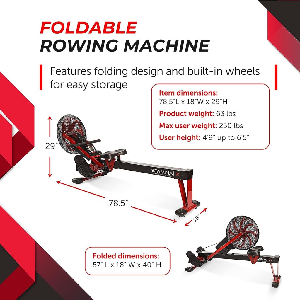 Stamina | X Air Rower - Rower Machine with Smart Workout App - Rowing Machine with Air Resistance for Home Gym Fitness - Up to 250 lbs Weight Capacity - Black/Red