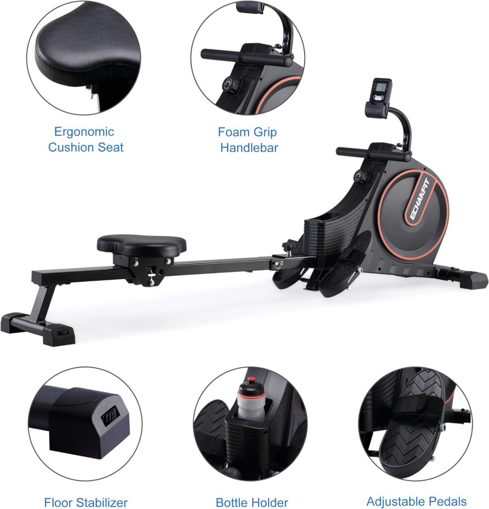 ECHANFIT Magnetic Rowing Machine with Optional 16 Levels Adjustable Resistance, LCD Monitor with Device Holder, 350 lb Weight Capacity