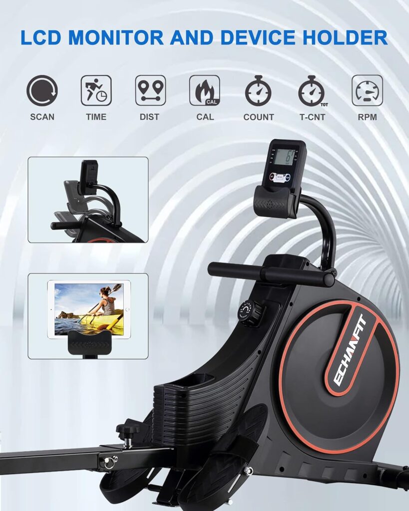 ECHANFIT Magnetic Rowing Machine with Optional 16 Levels Adjustable Resistance, LCD Monitor with Device Holder, 350 lb Weight Capacity