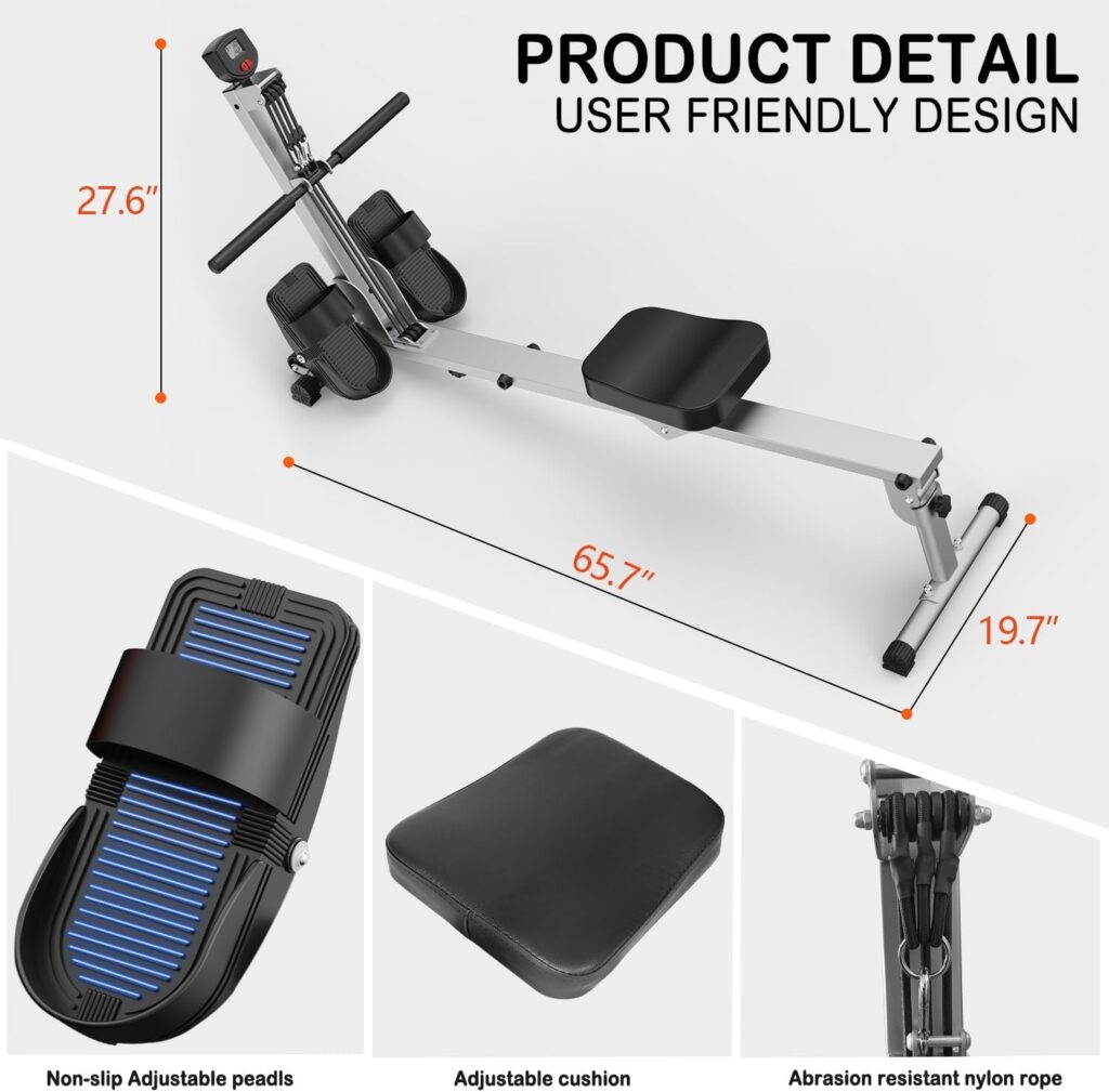 Rowing Machine for Home use, Rower Machine with 3 Adjustable Resistance  LCD Monitor, Quiet Compact Foldable Rowing Machine