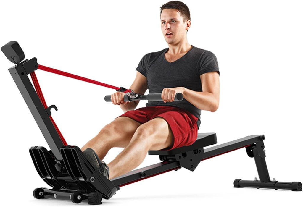 Rowing Machines for Home Use, Foldable Rowing Machine, Elastic Rower Indoor Row Machine with 3 Adjustable Levels, LCD Display  Comfortable Seat Cushion (BlackRed)