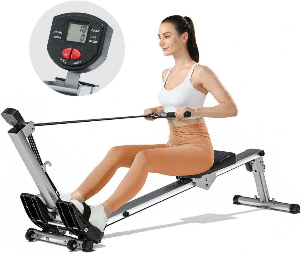 HOMGIM Rowing Machine for Home Use,Rowing Machine Rower Full Body Exercise Cardio Workout with LCD Monitor  Comfortable Seat Cushion,Quiet Smooth t-2023 Revolution New Row Machine,Silver,46*11*8 IN