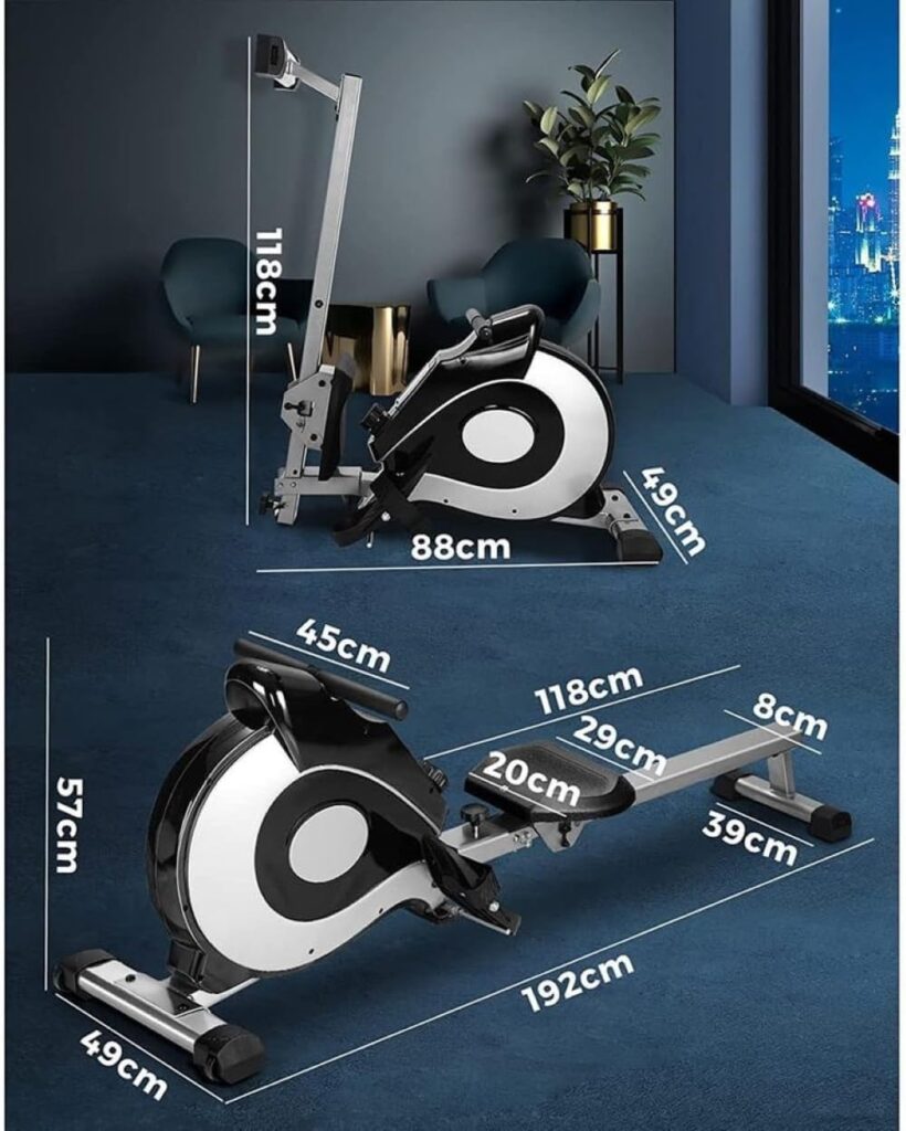 Rowing Machine, Foldable Magnetic Rowing Machine with Extended Rails, with LED Display