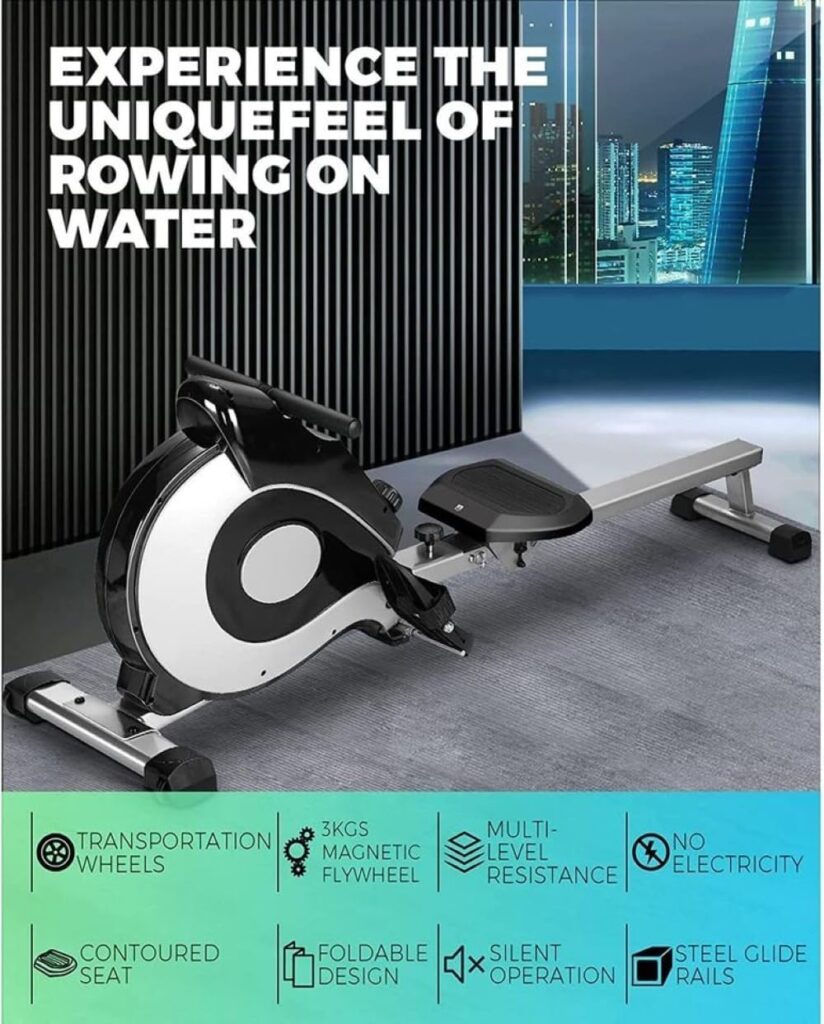 Rowing Machine, Foldable Magnetic Rowing Machine with Extended Rails, with LED Display