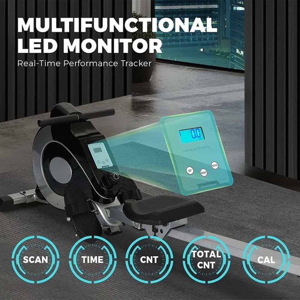 Rowing Machine, Foldable Magnetic Rowing Machine with Extended Rails, with LED Display