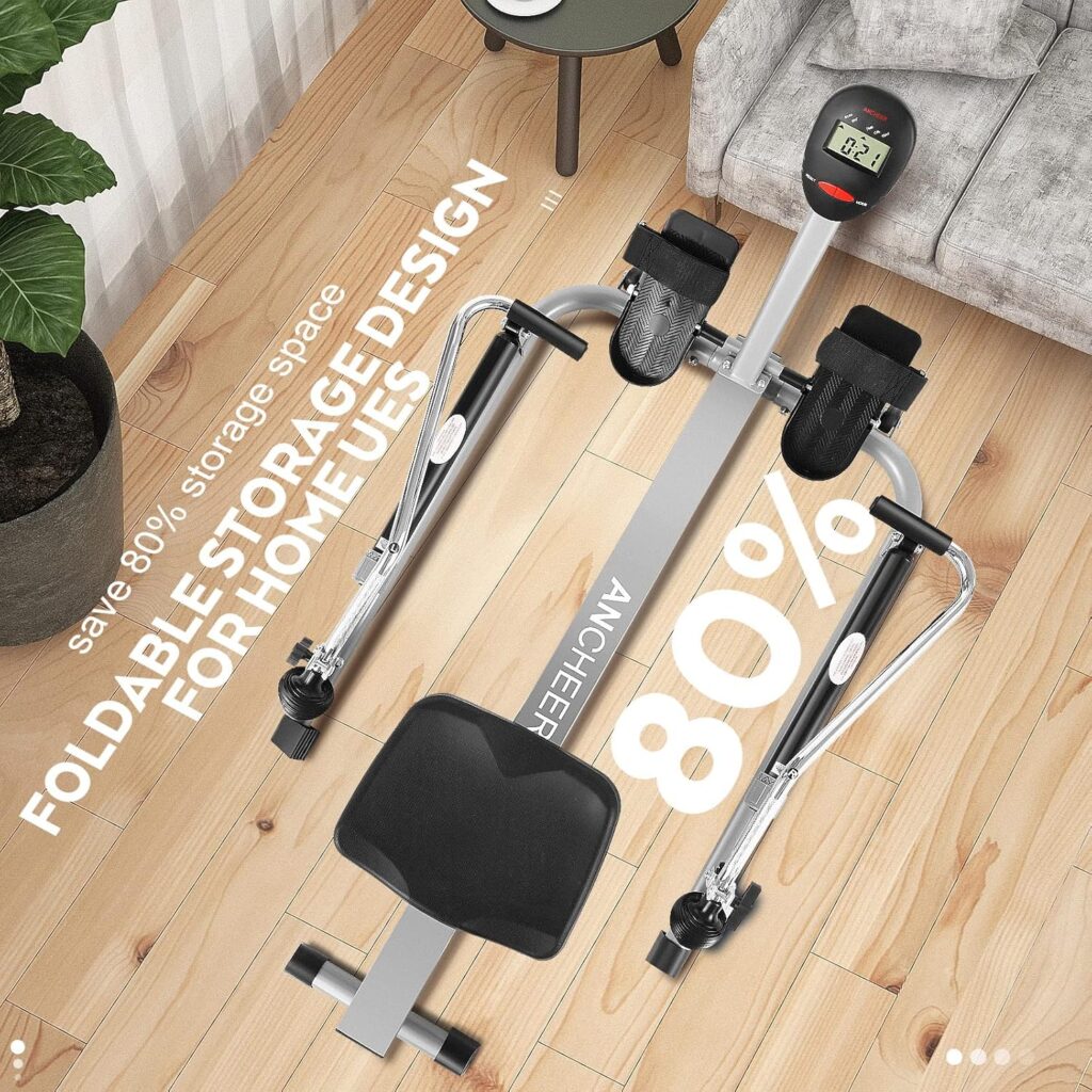 ANCHEER Rowing Machines for Home Use, Hydraulic Rowing Machine Foldable with 12 Resistance Levels  Upgraded LCD Monitor, Rower with Comfortable Seat Cushion for Full Body Exercise Cardio, Grey