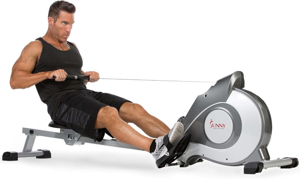 Sunny Health  Fitness Flip  Foldable Rowing Machine for Home w/Extended Slide Rail, Full-Body Workout, Low-Impact, Optional Extra Long Rail, Quiet Rail Cover, Water Motion and Free SunnyFit App