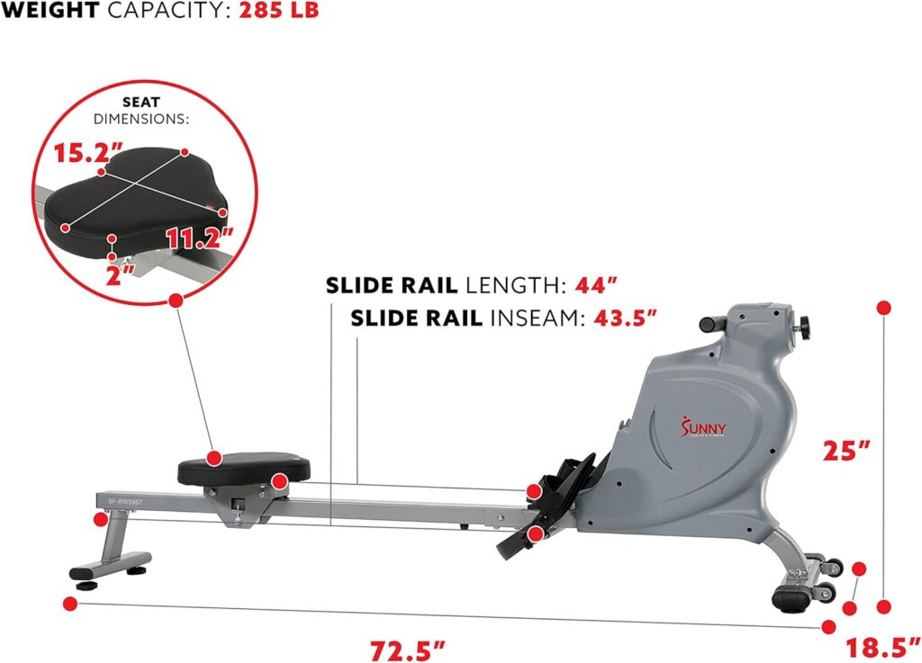 Sunny Health  Fitness Silent Magnetic Rowing Machine with 16 Level Resistance – Home Rower Designed for Low-Impact Full-Body Workouts and Users up to 220 LB - SF-RW5987