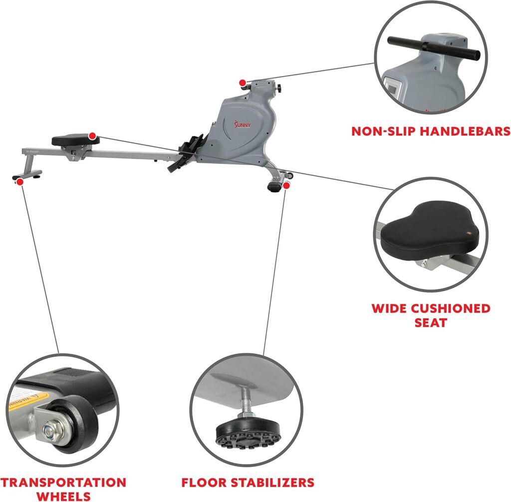 Sunny Health  Fitness Silent Magnetic Rowing Machine with 16 Level Resistance – Home Rower Designed for Low-Impact Full-Body Workouts and Users up to 220 LB - SF-RW5987