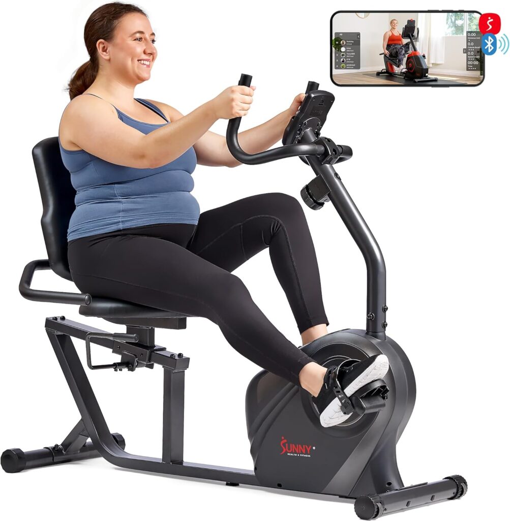 Sunny Health  Fitness Smart Heavy-Duty Recumbent Bike w/Wide Cushioned Seat  Back, Indoor Cycling Machine for Adult/Seniors Home Exercise, Free SunnyFit App Connect, Optional Workout Training Bands