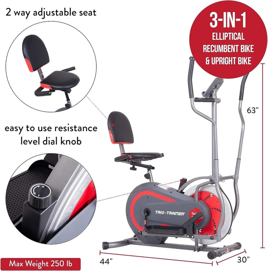 [BODY POWER] 2nd Generation Patented 3-in-1 Home Gym, Upright Compact Exercise Bike, Elliptical Machine  Recumbent Bike, Trio Trainer with Heartrate Monitor, Safety Brake Pad. BRT5088